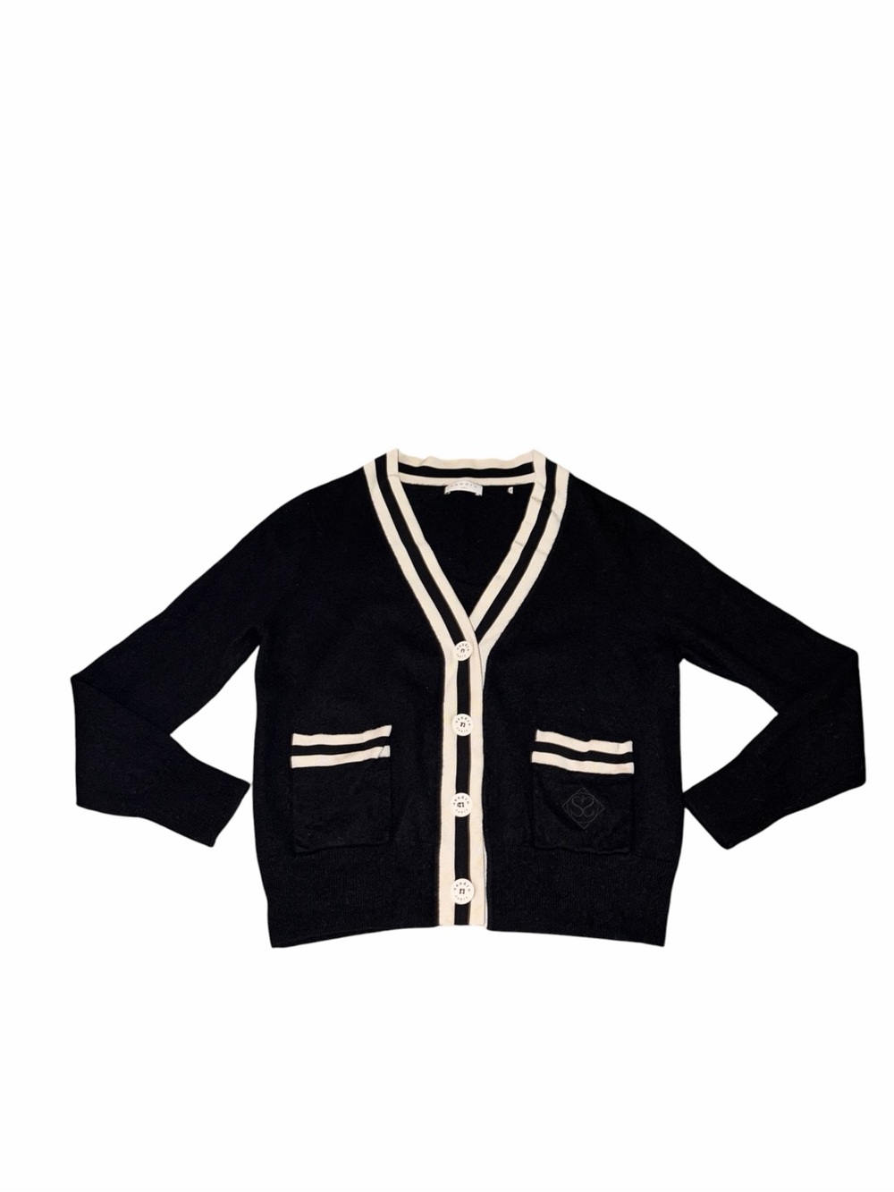EUC Sandro Paris Black Cardigan Sweater Button Down Ivory Trim Large Classic